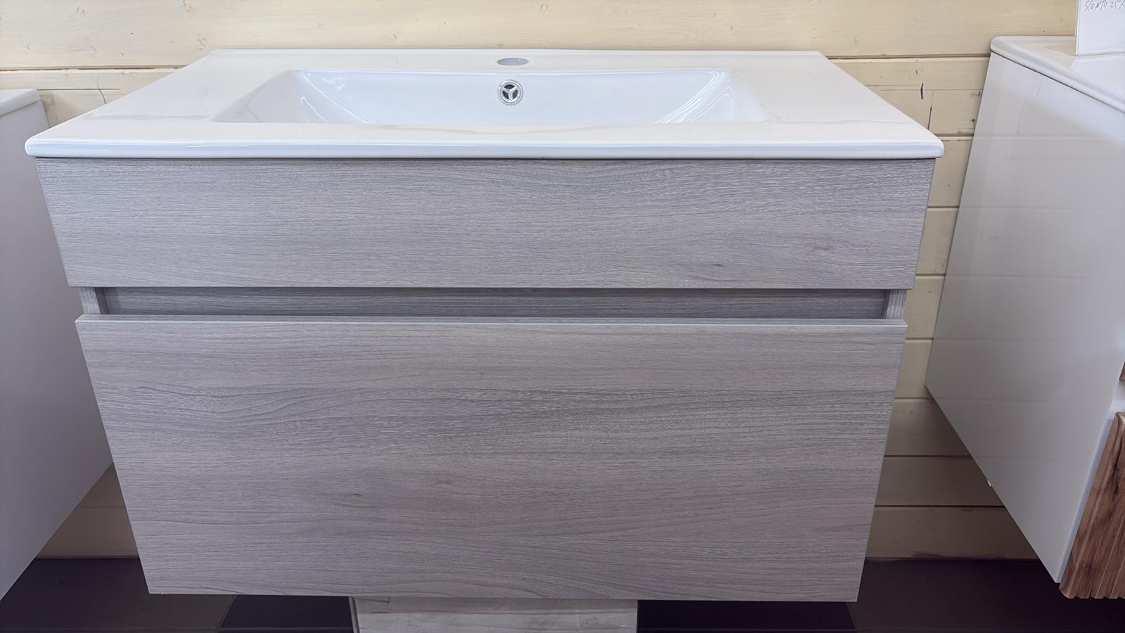 MOBILE DA 80 CM  ROVERE GRIGIO SOSPESO COMPLETO DI SPECCHIERA E LAMPADA