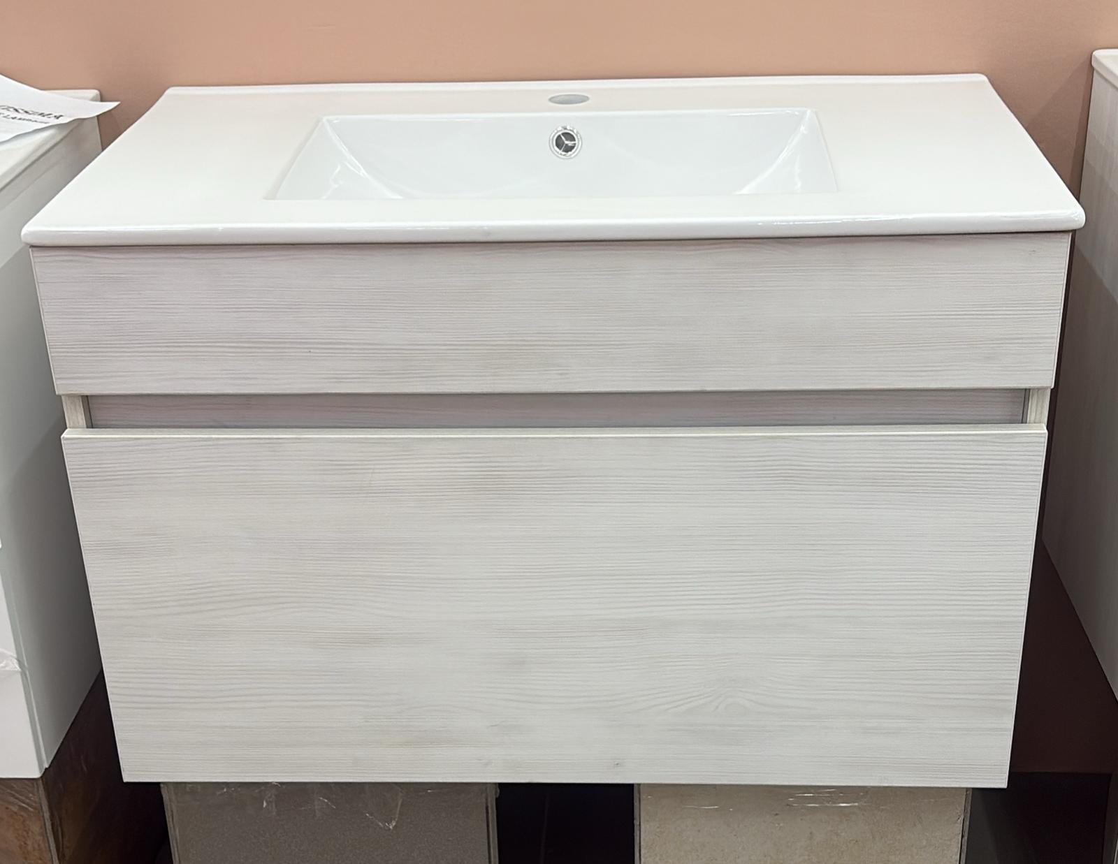 MOBILE DA 80 CM ROVERE BIANCO SOSPESO COMPLETO DI SPECCHIERA E LAMPADA